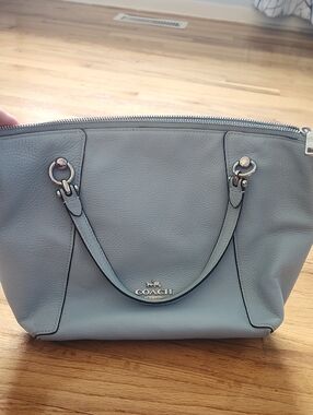 Coach Light Blue Pebbled Leather Top-Zip Tote with Silver Hardware